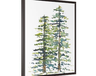 Twin Pines Evergreen Trees | Vertical Framed Premium Gallery Wrap Canvas | Green and White Wall Decor | Ecofriendly Recycled Frame in Walnut