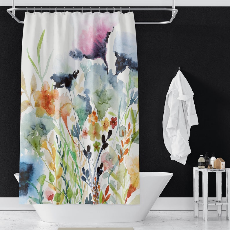 Wildflowers Shower Curtains | Floral Watercolor Print Shower Curtains | Bathroom Refresh Gifts | 71x74 in | Navy Pink Green Orange Yellow 