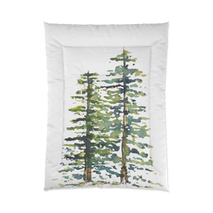 Pine Trees Watercolor Print on Comforter | Botanical Bedding in Green, Blue, Brown, Yellow, White | Evergreen Woods Holidays Alpine 68" × 92"