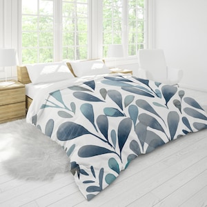 Sky Blue and Gray Foliage King Duvet Cover King, Queen, Full, Twin Standard Sizes | Floral Watercolor Print on Cotton Sateen