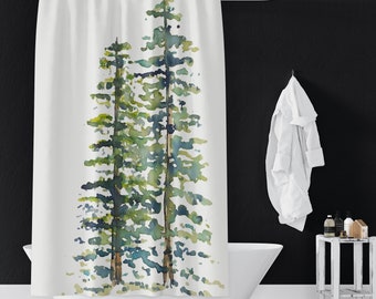 Evergreen Trees On Shower Curtains, Pretty Holiday Shower Curtain, Winter Bathroom Decor | Green Blue Brown White | Abstract Trees | Cottage