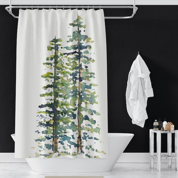 Evergreen Trees On Shower Curtains, Pretty Holiday Shower Curtain, Winter Bathroom Decor | Green Blue Brown White | Abstract Trees | Cottage