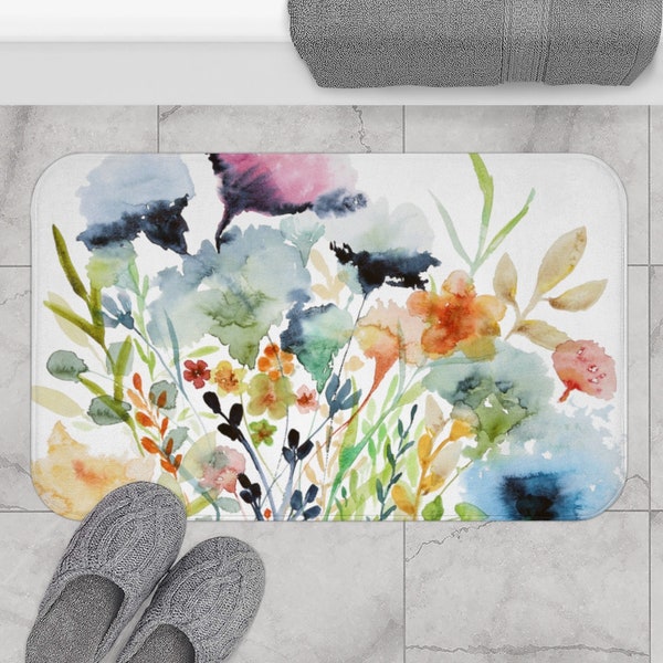 Wildflowers | Microfiber Memory Foam Bath Mat | Floral Watercolor Print on White | Bathroom