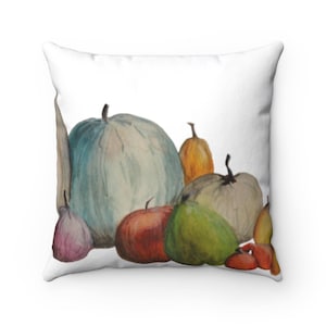 May include: A watercolor painting of a group of gourds and pumpkins in various shades of green, blue, yellow, orange, and red. The gourds and pumpkins are arranged in a cluster, with the largest gourd in the center.