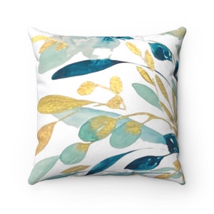 Teal for You Floral Print Throw Pillow Cover | Spun Polyester Square Pillowcase with Zipper | Multiple Sizes | Blue Green Golden Yellow