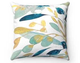 Teal for You Floral Print Throw Pillow Cover | Spun Polyester Square Pillowcase with Zipper | Multiple Sizes | Blue Green Golden Yellow