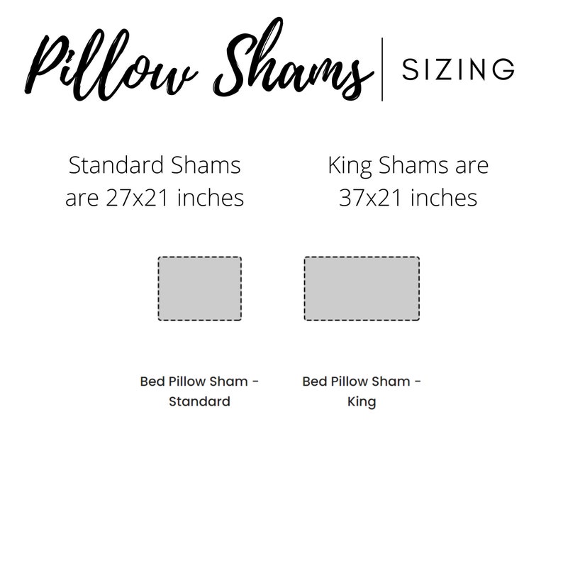 Puede incluir: Imagen que muestra el tama&ntilde;o de las fundas de almohada. Las fundas est&aacute;ndar miden 68,58 x 53,34 cm, y las fundas King miden 93,98 x 53,34 cm. El texto "Pillow Shams" est&aacute; en la parte superior, con "SIZING" a la derecha. Dos rect&aacute;ngulos grises representan las fundas.
