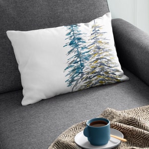 Modern Evergreen Trees | Spun Polyester Lumbar Indoor Pillow | Winter Scene Home Decor | Gray, Blue, Yellow, & White Pillow Cover and Insert