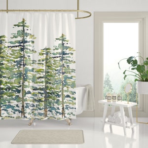 Evergreen Trees Pattern Shower Curtains Abstract Watercolor Trees Holiday Housewarming Gifts 71x74 in Green Blue Brown White Bild 3