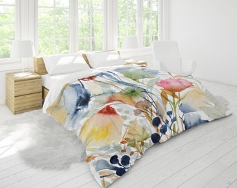 Flowers King Duvet Cover in King, Queen, Full, Twin Standard Sizes | Floral Watercolor Print in Navy Blue, Red, Yellow, Green, White, Indigo