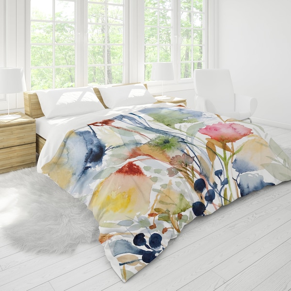 Flowers King Duvet Cover in King, Queen, Full, Twin Standard Sizes | Floral Watercolor Print in Navy Blue, Red, Yellow, Green, White, Indigo