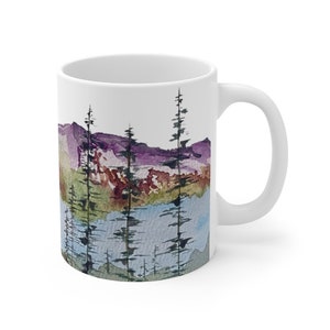 Purple Mountains | 11 oz White Ceramic Coffee Mug Gifts | Watercolor Landscape Print | Lakeside, Evergreen Pine Trees Forest