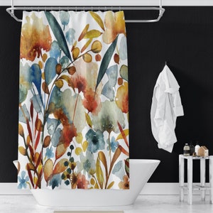 Fall Flora II Shower Curtains | Floral Watercolor Print Shower Curtains | Bathroom Refresh Gifts | 71x74 in | Rust Sage Green Blue Red White