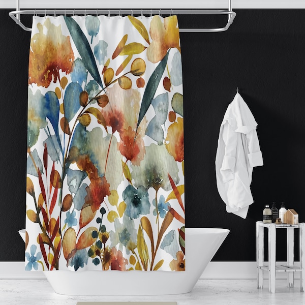 Fall Flora II Shower Curtains | Floral Watercolor Print Shower Curtains | Bathroom Refresh Gifts | 71x74 in | Rust Sage Green Blue Red White