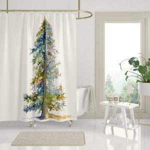 Pin Oak Wisdom on Shower Curtains | Botanical Watercolor Print Shower Curtains | Abstract Trees | 71x74 in | Brown Blue Green White