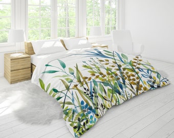 Prairie Foliage King Duvet Cover King, Queen, Full, Twin Standard Sizes | Floral Watercolor Print in Green Blue Beige Tan White Yellow