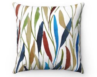 Modern Leaves Throw Pillow Cover, Spun Polyester Square Pillow Case with Zipper, Green Navy Blue Magenta Red, Multiple Sizes