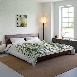 Pine Trees Watercolor Print on Comforter | Botanical Bedding in Green, Blue, Brown, Yellow, White | Evergreen Woods Holidays Alpine image 8