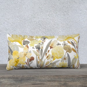 Yellow Buttercups 24x12 inch Lumbar Pillow Cover | Hidden Zipper, 4 Fabric Options, Double Sided Print | Yellow Gray Beige Rust White