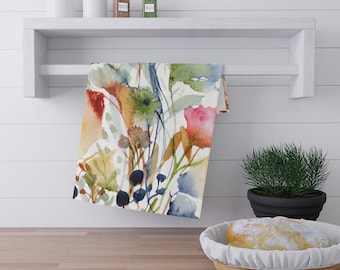 Bloemen op keukenhanddoek | Katoenen keperstof of polyesterstof | 18x30 inch, enkelzijdige print | Botanische print in rood, blauw, geel, groen