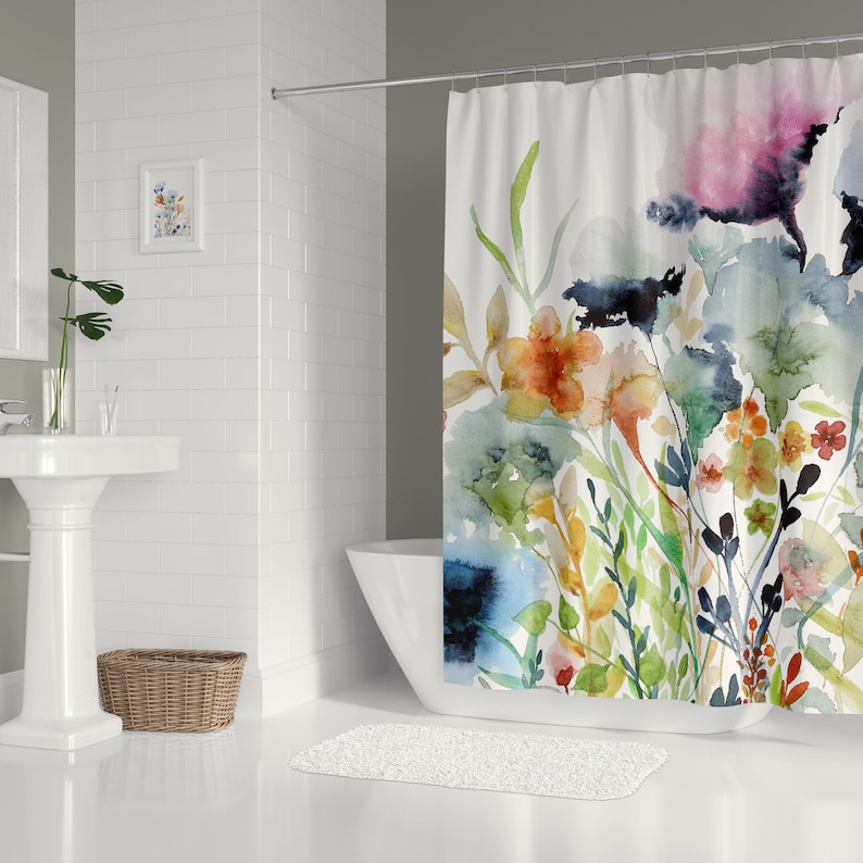 Wildflowers Shower Curtains | Floral Watercolor Print Shower Curtains |  71x74 in Polyester Fabric | Loose Watercolor Style | Modern Boho Farmhouse | Pink Blue Orange Green Yellow Red Navy Beige on White