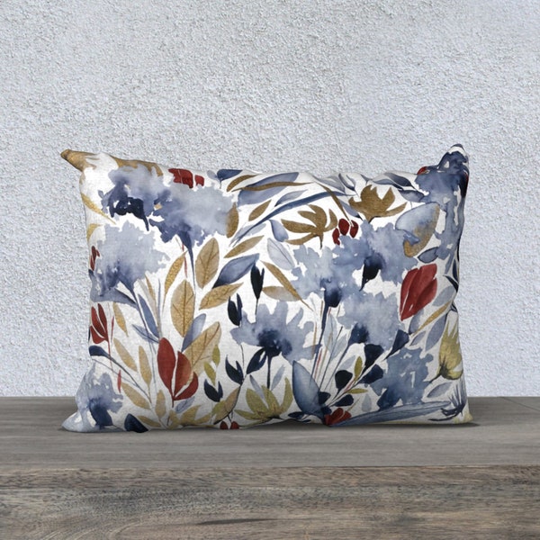 Floral Fireworks 20x14 inch Lumbar Throw Pillow Cover | Velveteen, Cotton Linen, Poly Canvas, Cotton Canvas | Navy Red Golden Yellow White