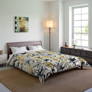 Indigo & Wabe Blumenmuster Schnuckeltuch | King, Queen, Twin, Twin XL | Polyester | Navy Blau Gelb Grau Weiß | Botanische Bettwäsche