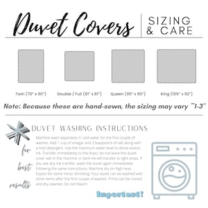 May include: A guide to duvet cover sizes and washing instructions. The image shows four duvet cover sizes: twin, double/full, queen, and king. The sizes are listed in inches. The image also includes a washing instruction section with a graphic of a washing machine and the text "for best results".