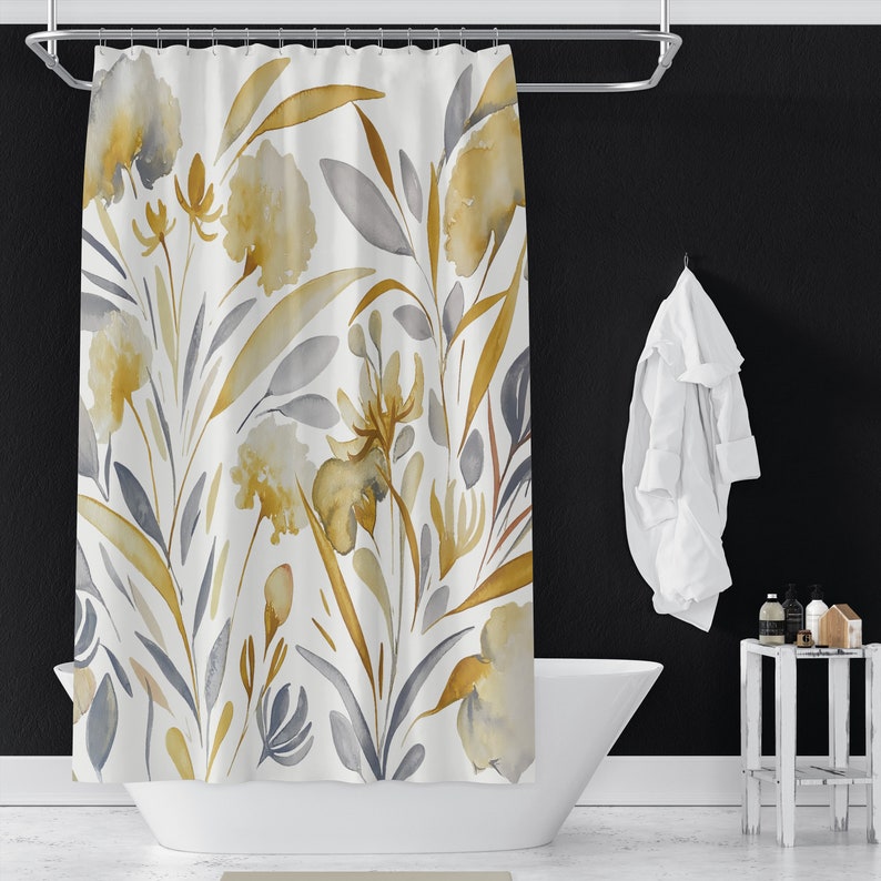Yellow and Gray Floral Pattern Shower Curtains Botanical Spa Shower Curtains Bathroom Refresh Gifts 71x74 in, Spun Poly Fabric image 1
