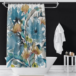 Jenny's Flowers on Shower Curtains | Botanical Watercolor Print Shower Curtains | Loose Floral Print | 71x74 in | Blue Beige Rust White