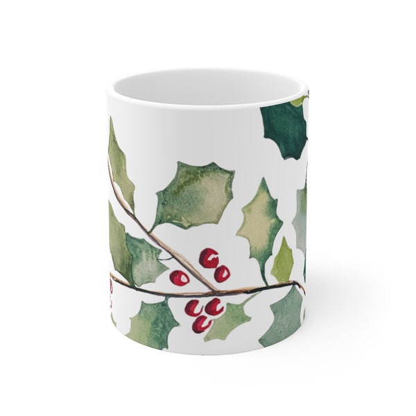 Holly Berry Branches Mug 11oz, Coffee Lovers Gifts, Hot Chocolate Christmas Gifts, Green Leaves, Red Berries, Watercolor Print on Coffee Mug