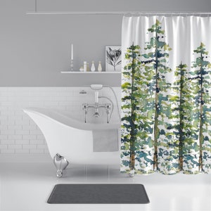 Evergreen Trees Pattern Shower Curtains Abstract Watercolor Trees Holiday Housewarming Gifts 71x74 in Green Blue Brown White Bild 5