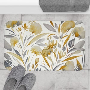 Yellow and Gray Floral Bath Mat | Anti-Slip Microfiber Memory Foam Bath Mat | Botanical Floral Watercolor Print | Bathroom Decor