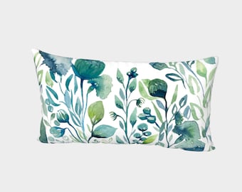 Blue Green Botanical Watercolor Print | Bed Pillow Sham | King and Standard Sizes | Cotton Sateen and Silk | Envelope Style with White Back