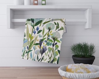 Green Garden on Kitchen Towel | Cotton Twill or Polyester Fabric | 18x30 inches, One Sided Print | Botanical Print Blue, Green, Yellow