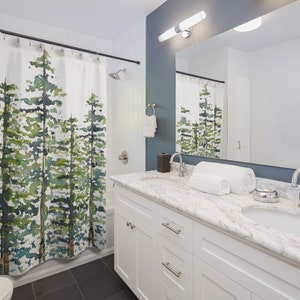 Evergreen Trees Pattern Shower Curtains Abstract Watercolor Trees Holiday Housewarming Gifts 71x74 in Green Blue Brown White Bild 7