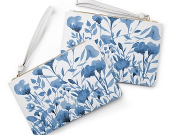 Blue Prairie Flowers on a Clutch Bag | Vegan Leather in Saffiano Pattern | Purse, Handbag, Zipper Pouch Gifts | Watercolor Floral Design