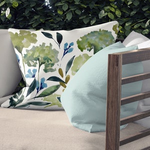 Hydrangeas on Outdoor Pillows & Covers Double Sided Print 14x20, 16x16, 18x18, 20x20, 26x26 Inches Patio Decor Green Blue White image 1