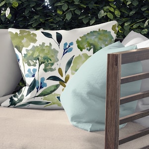 Hydrangeas on Outdoor Pillows & Covers | Double Sided Print | 14x20, 16x16, 18x18, 20x20 Inches | Patio Decor | Green Blue White