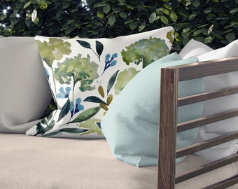 Hydrangeas on Outdoor Pillows & Covers | Double Sided Print | 14x20, 16x16, 18x18, 20x20, 26x26 Inches | Patio Decor | Green Blue White