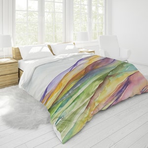 Badlands Duvet Cover | King, Queen, Full/Double, Twin | Watercolor Abstract Landscape | National Parks | Green Blue Purple Pink Orange Rust
