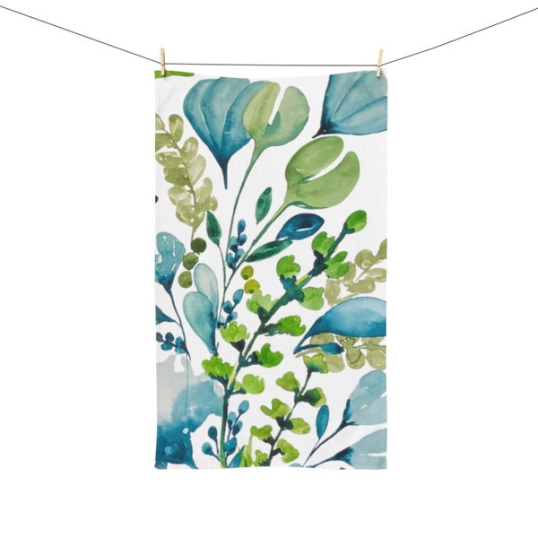 Emerald Green & Turquoise Floral Hand Towel | Watercolor Flowers Botanical Gifts | Polyester and Cotton | 1-sided Print