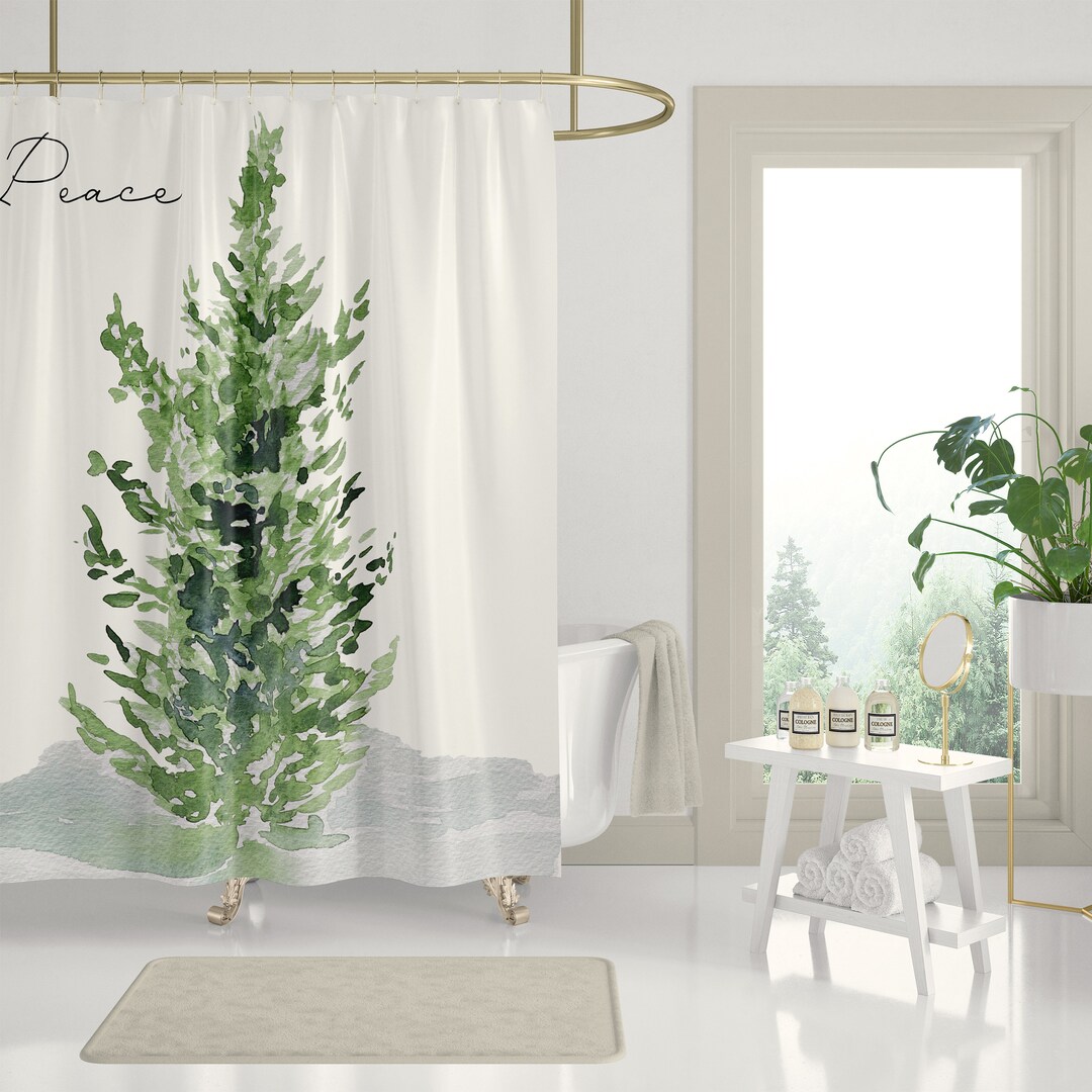 Peaceful Evergreen Tree Shower Curtains Green Winter Holiday Bathroom