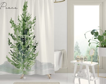 Peaceful Evergreen Tree Shower Curtains | Green Winter Holiday Bathroom Shower Curtains | Green Cedar Tree | Christmas Holidays Decor