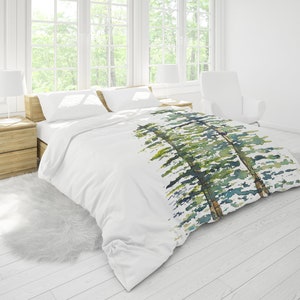 Twin Pines Duvet Cover | King, Queen, Full Double, Twin Sizes | White Backing | Cotton Sateen or Silk | Watercolor Print in Green Blue Brown