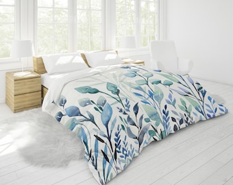 Blue Botanical Duvet Cover | King, Queen, Double Full, Twin | Cotton Sateen is Off White Color | Art is Blue, Teal, Blue Green, Sky, Indigo