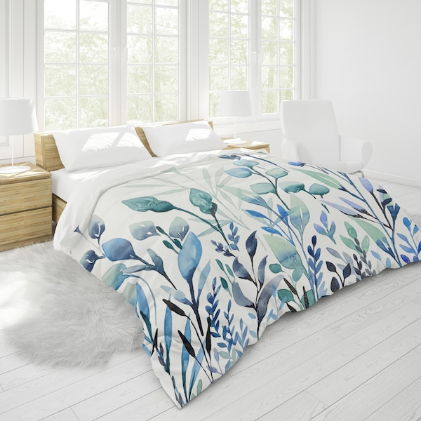 Blue Botanical Duvet Cover | King, Queen, Double Full, Twin | Cotton Sateen is Off White Color | Art is Blue, Teal, Blue Green, Sky, Indigo