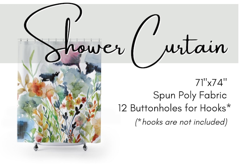 May include: A watercolor floral shower curtain with a white background and blue, green, orange, and pink flowers. The curtain is 71 inches by 74 inches and is made of spun polyester fabric. It has 12 buttonholes for hooks, but the hooks are not included.