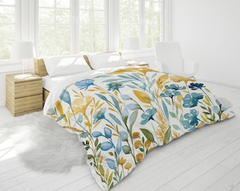 Blue and Gold Flowers Duvet Cover | King, Queen, Full, Twin | Cotton Sateen, White Backing, Hidden Zipper | Blue Yellow Green Botanicals