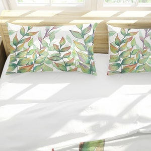 Autumn Peeks Bed Pillow Sham | King and Standard Sizes | Cotton Sateen or Silk | White Backing with Envelope Closure | Green Red Off White
